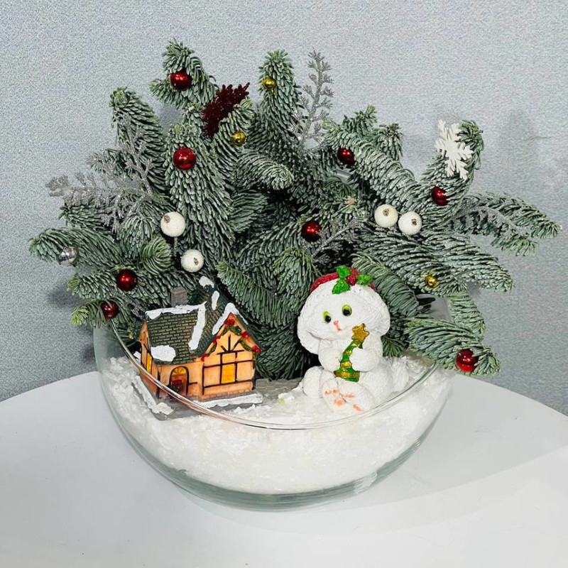 Novogodnij florarium s vetochkami zhivoj eli nobilis, standart