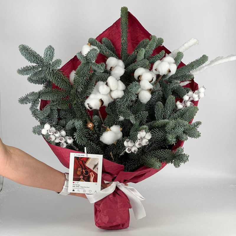 Dizajnerskij buket iz natural_noj hvoi nobilis  s hlopkom, standart