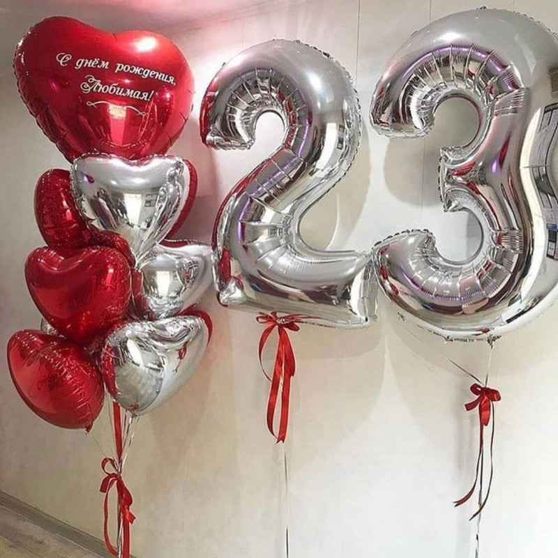 Фонтан шаров с цифрами для девушки. Шары сердечки, стандартный