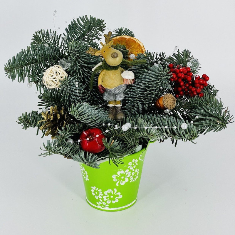 Новогодняя мини композиция из нобилиса в ведёрке на стол, стандартный