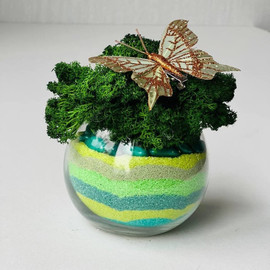 Kompozitciya iz mha v vaze s tcvetnim peskom. Florarium