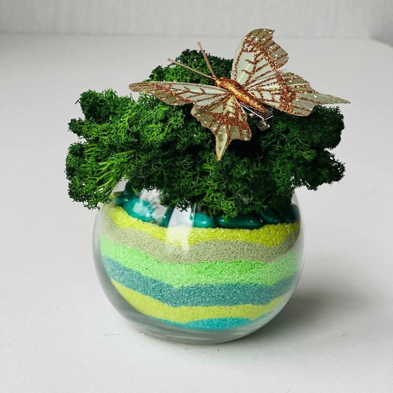 Композиция из мха в вазе с цветным песком. Флорариум, стандартный