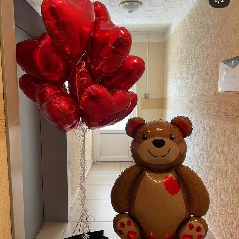 Воздушные шары сердца с огромным мишкой, стандартный