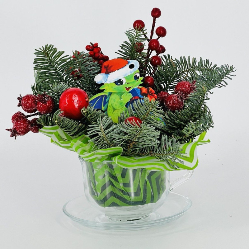 Новогодняя композиция из нобилиса в кружке с дракончиком, стандартный