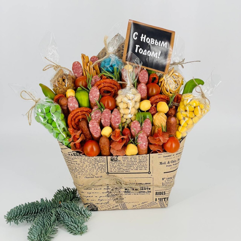 Podarok na novij god buket iz kolbasi i zakusok s vetochkami nobilisa, standart