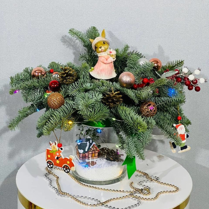Новогодняя композиция в стекле из нобилиса с кроликом, стандартный