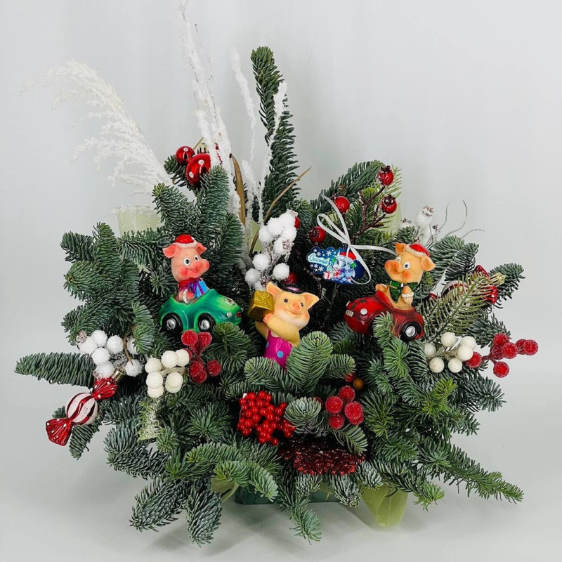 Новогоднее украшение стола композиция из хвои натуральной нобилис, стандартный