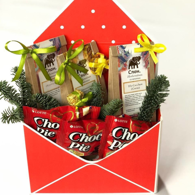 Чайный букет в конверте с веточкой нобилис, стандартный