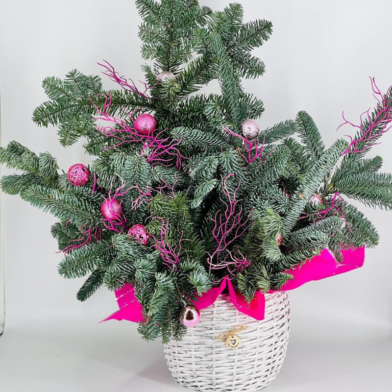 Новогодняя композиция из веток хвои нобилис в кашпо из искусственного ротанга, стандартный