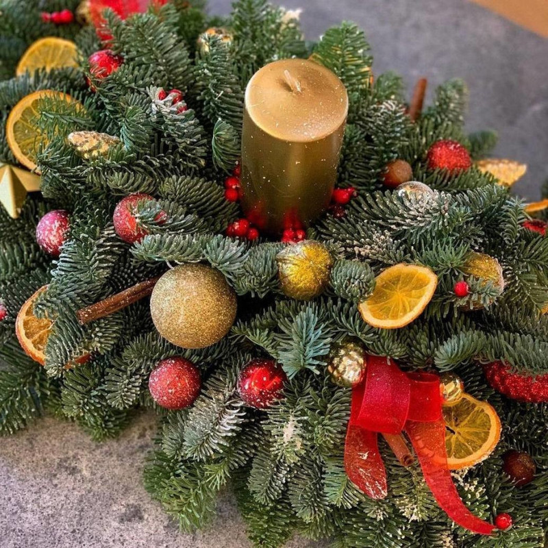 Рождественская Композиция на стол  из натурального нобилиса со свечой, стандартный