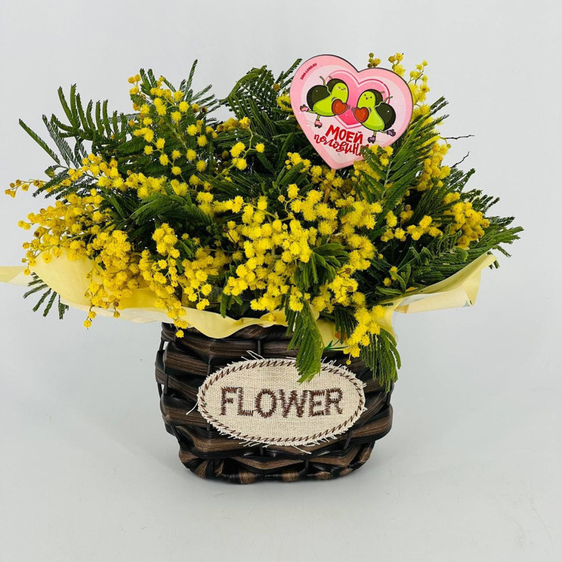 Букет мимозы в плетёном кашпо, стандартный