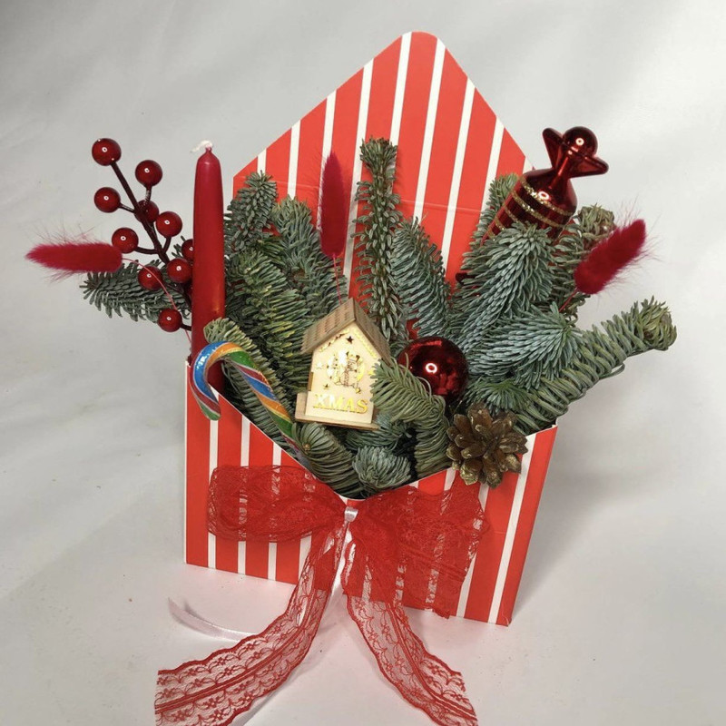 Новогодняя композиция в конверте с веточками нобилиса, стандартный