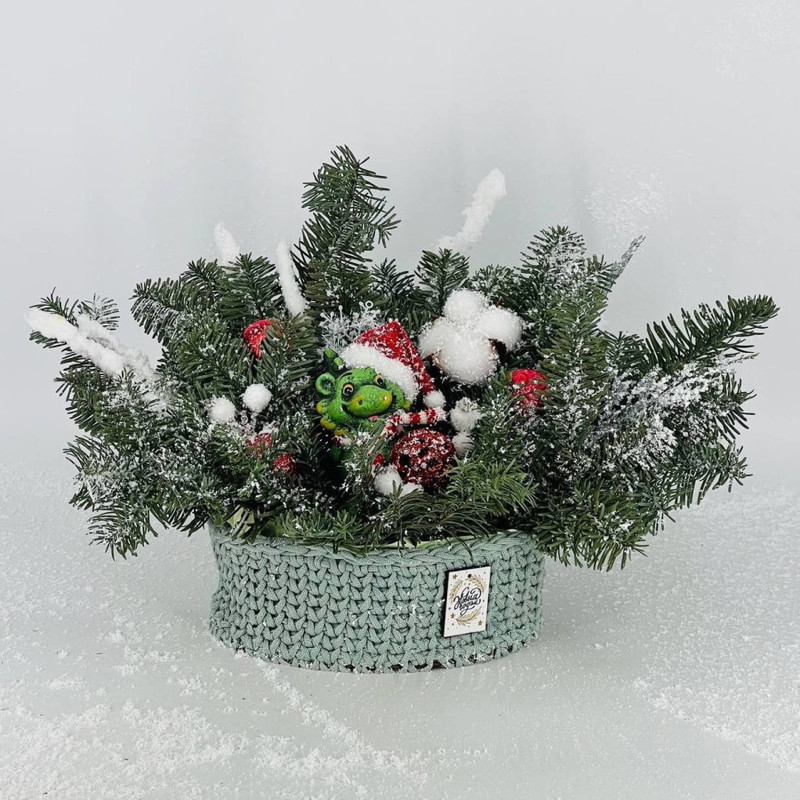 Rozhdestvenskaya kompozitciya iz natural_nogo nobilisa v vyazanom kashpo, standart