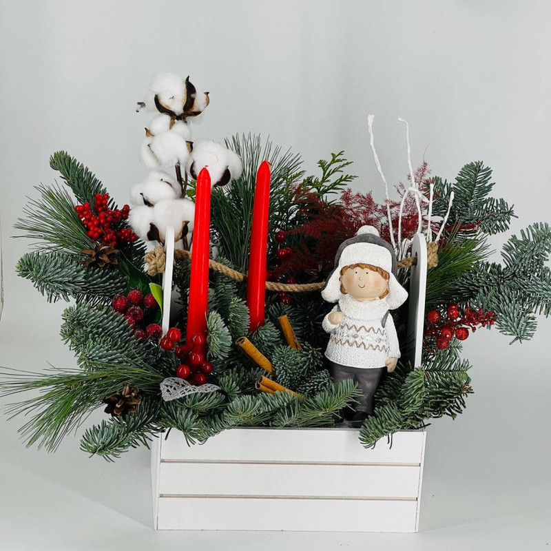 Новогодняя композиция в деревянном ящике из натурального нобилиса, стандартный