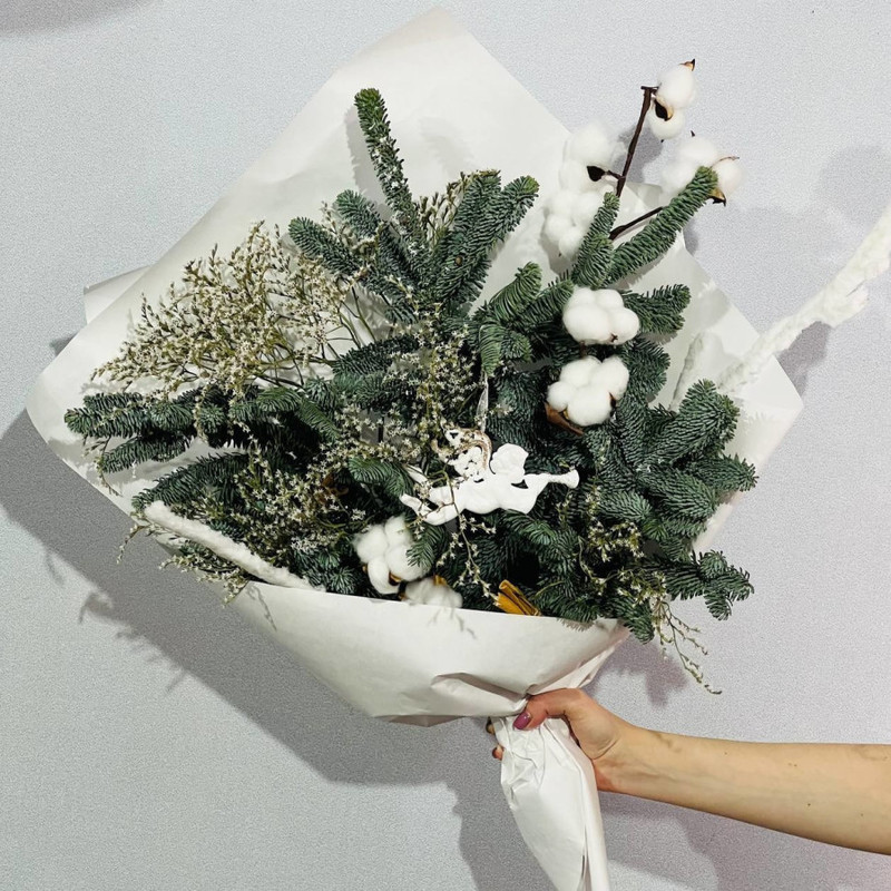 Novogodnij buket iz vetok datskoj eli nobilis s hlopkom, standart