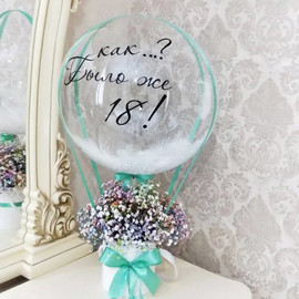 Букет на день рождения из радужной гипсофилы с шаром баблс