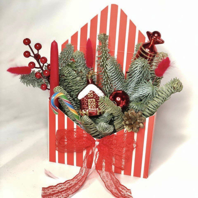 Новогодний букет в конверте с веточками нобилиса, стандартный