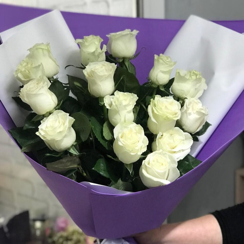 Buket iz 15 belih roz v upakovke, standart