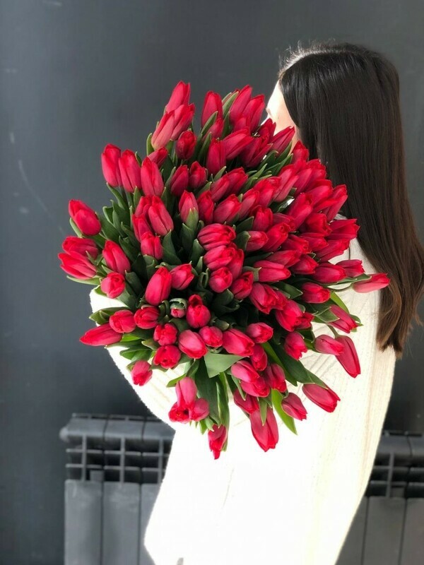 101 красный тюльпан на ленте , стандарт