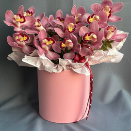 букет в шляпной коробке из 13 орхидей