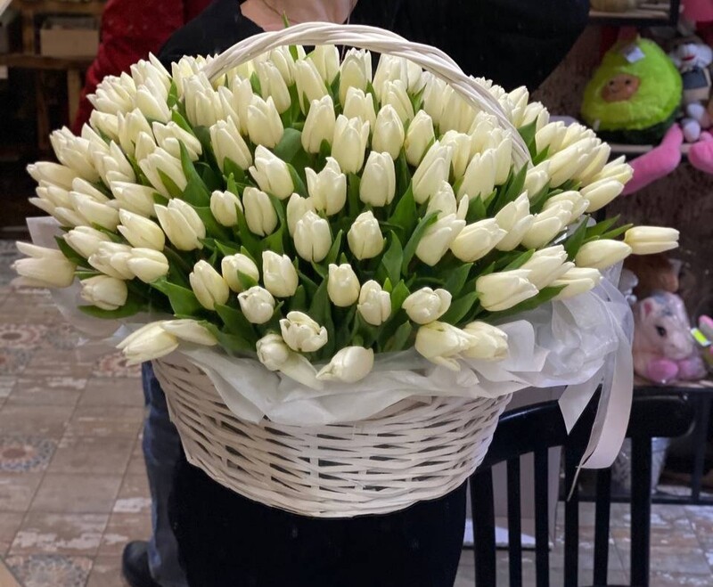 151 белый тюльпан в корзине, премиум