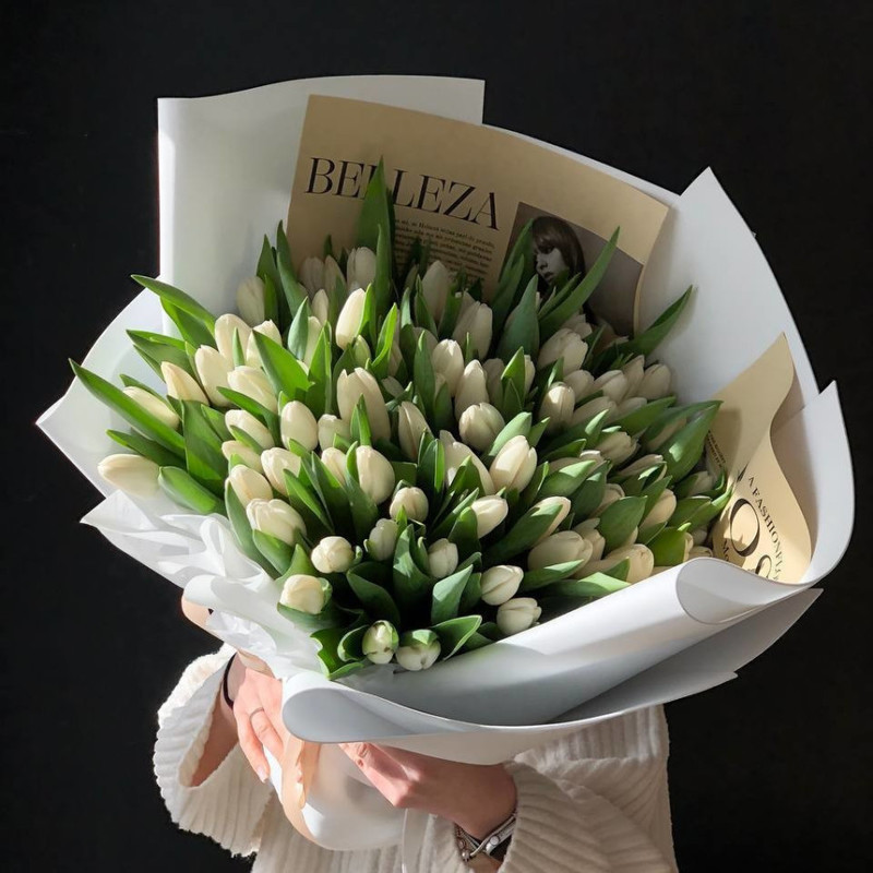 101 белый тюльпан букет, стандартный