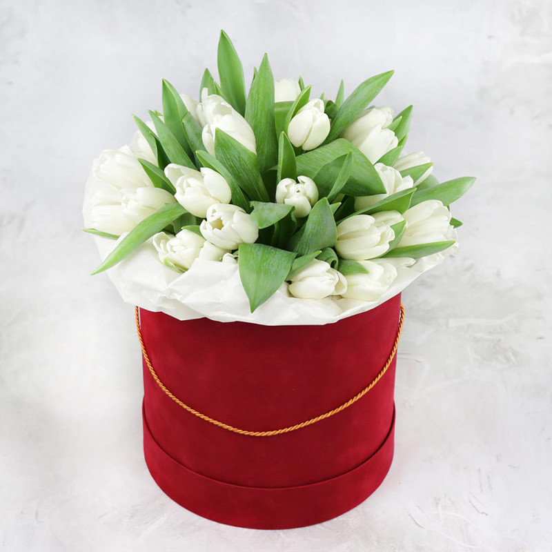 25 белых тюльпанов в шляпной коробке, 25 тюльпанов