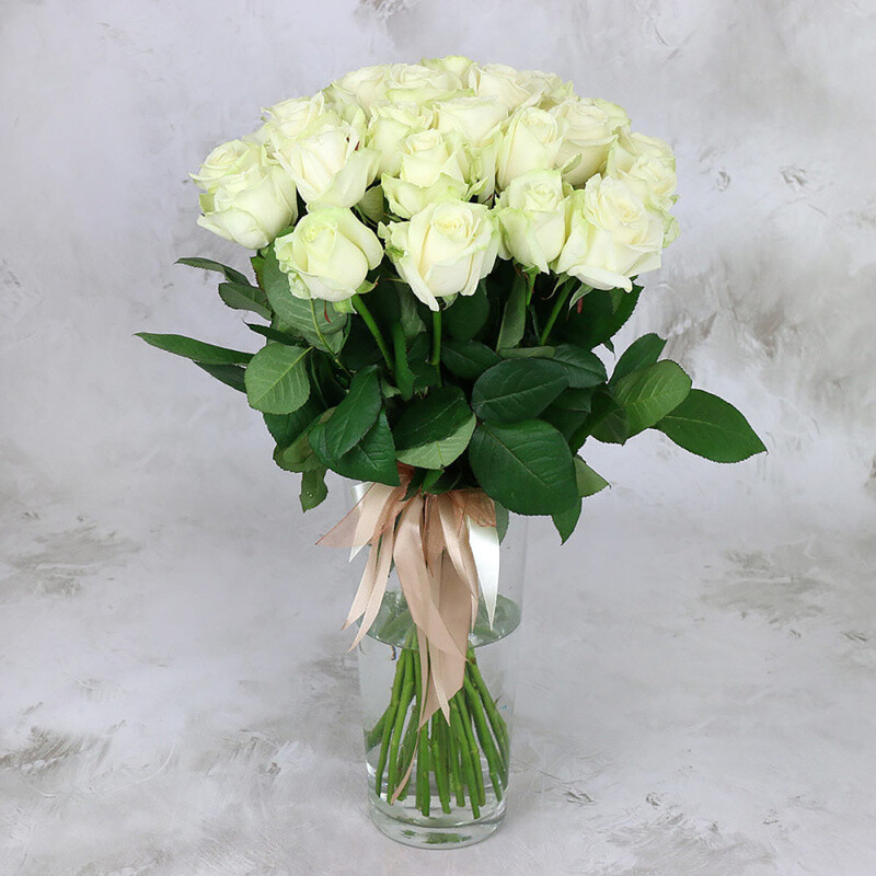 Букет из 25 белых роз - Аваланж Россия 60 см., букет из 25 белых роз - аваланж россия 60 см.