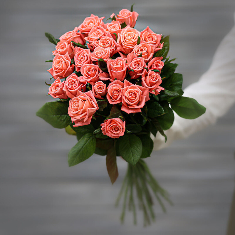 Букет из 23 коралловых роз (Россия) с лентой 60 см, букет из 23 коралловых роз (россия) с лентой 60 см