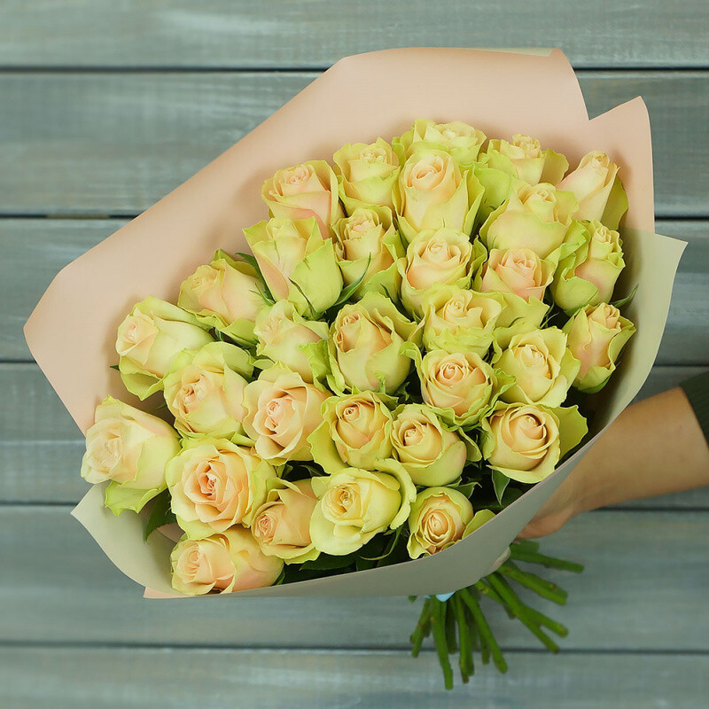 31 zeleno-rozovaya roza v upakovke Keniya 40 sm., standart