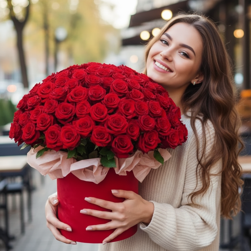75 krasnih roz v krasnoj korobke, premium