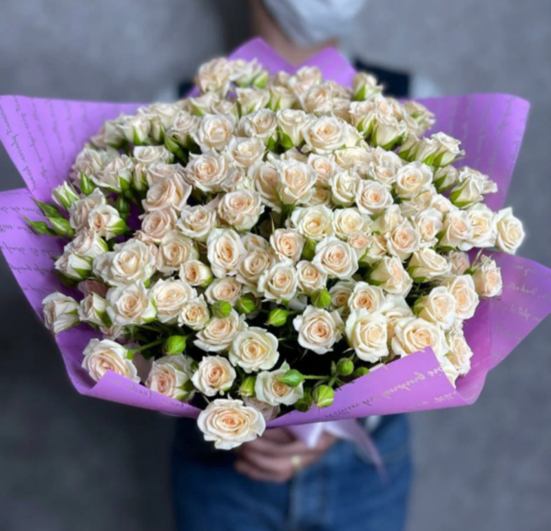 Букет из 31 кустовых роз Крем Грация, 50 см, белого и бежевого цвет, букет из 31 кустовых роз крем грация, 50 см, белого и бежевого цвет