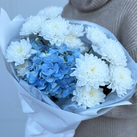 Букет из голубой гортензии, белой кустовой хризантемы