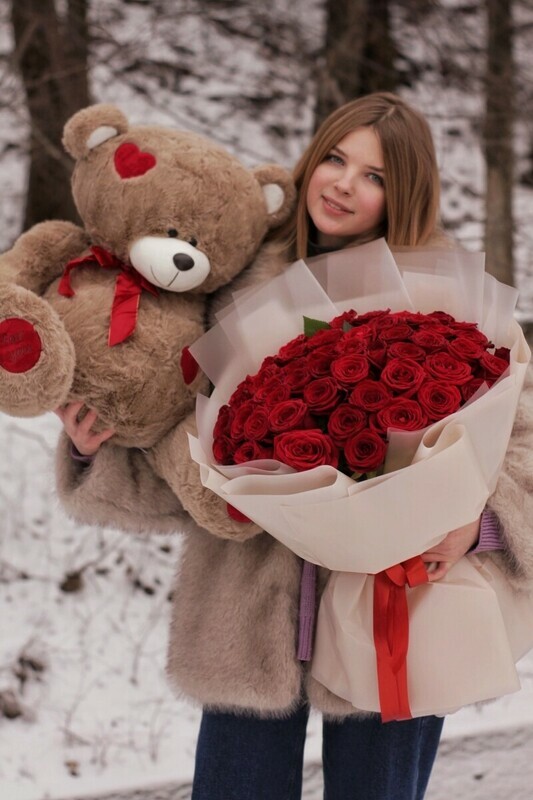 Набор 51 красная роза и игрушка мягкий мишка, 51 роза+мишка