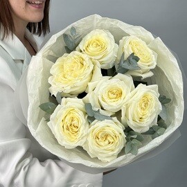 Buket iz 7 kremovih pionovidnih roz s evkaliptom