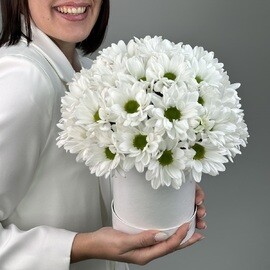 Kompozitciya v shlyapnoj korobke s beloj kustovoj hrizantemoj