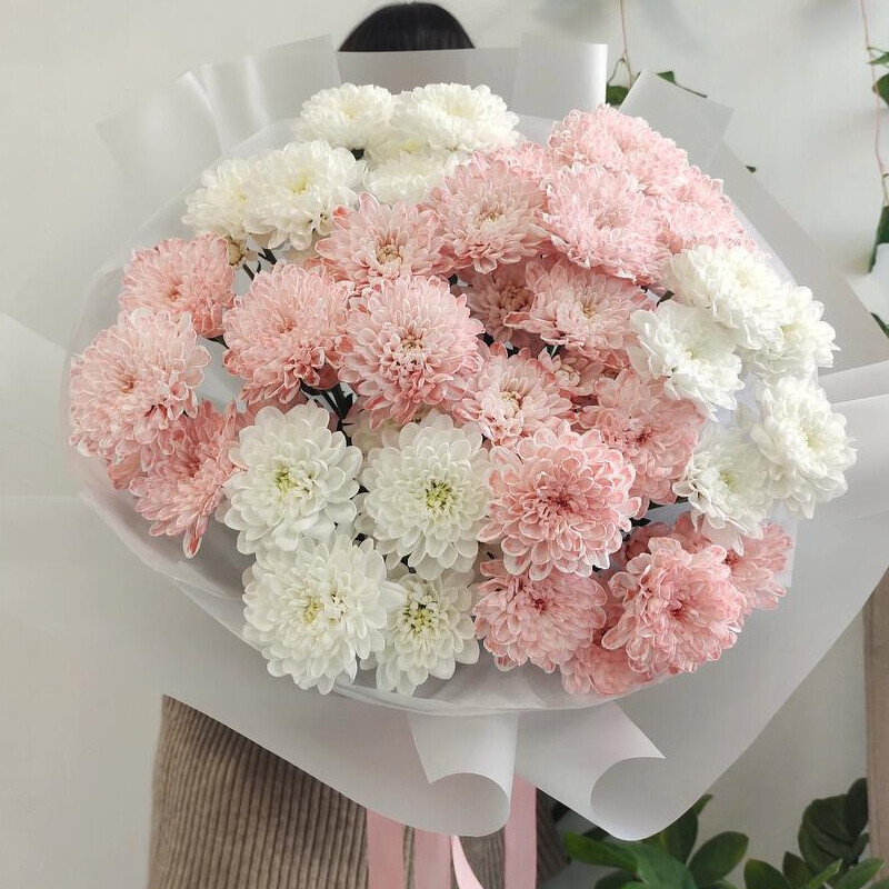 Нежный букет из 7 хризантем (розовых и белых), стандартный