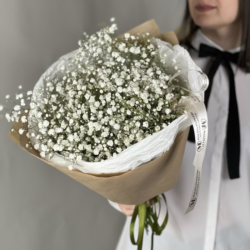 "Белое облако" -- монобукет из белой гипсофилы в крафте, стандартный