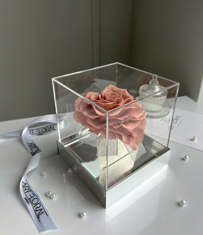 Вечная темно-розовая роза в форме средца в кубе, 1 темно-розовая роза