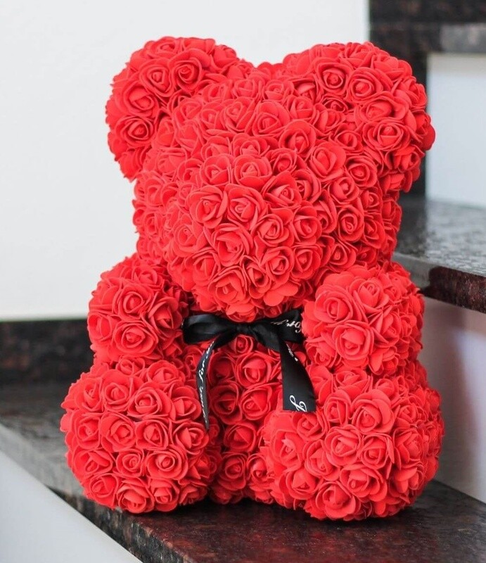 Красный мишка из роз 40 см, красный мишка 40 см