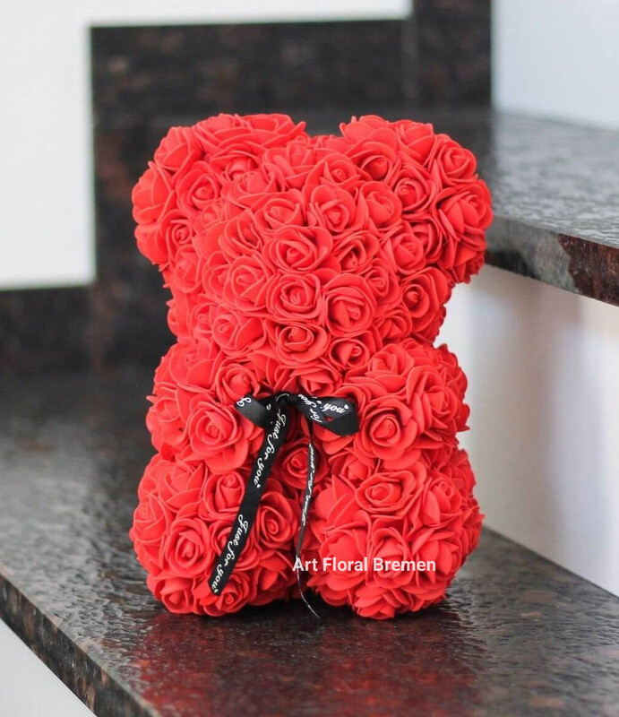 Красный мишка из роз 25 см, мишка 25 см красный