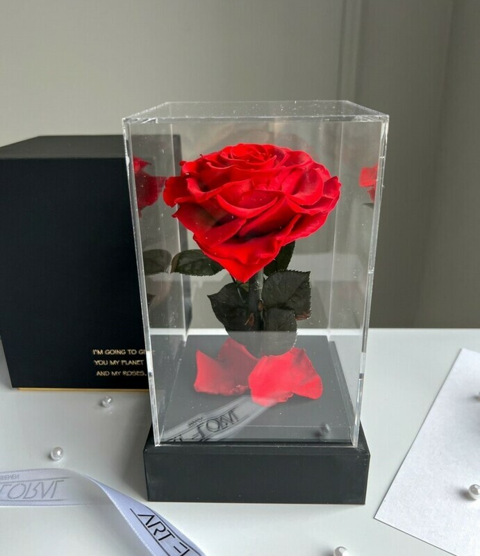 Вечная красная роза-сердце в черной акриловой башне, вечная красная роза-сердце в черной акриловой башне