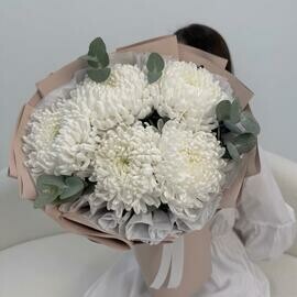 Хризантема бигуди белая с эвкалиптом в дизайнерской упаковке  Размер S