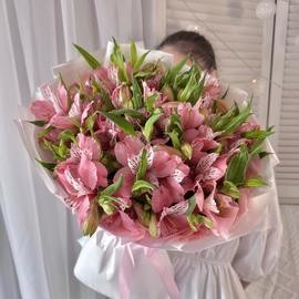 9 веток розовой альстромерии в дизайнерской упаковкеРазмер S
