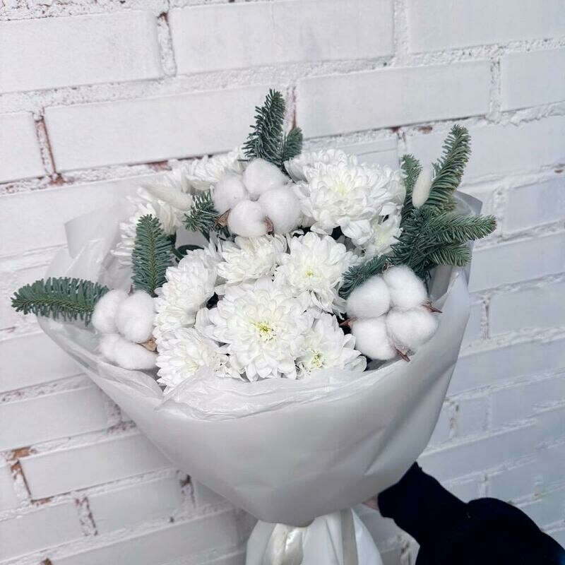 Авторский букет: Хризантемы,хлопок,лагурус и нобилис, стандартный