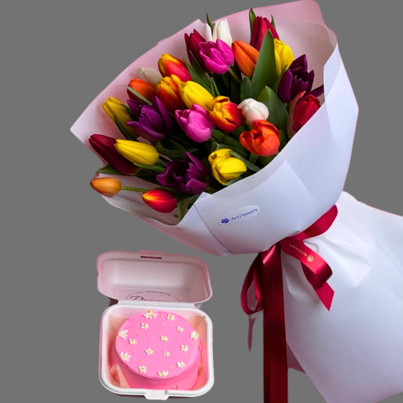 цветы Букет Сет из 25 тюльпанов микс + бенто торт , премиум